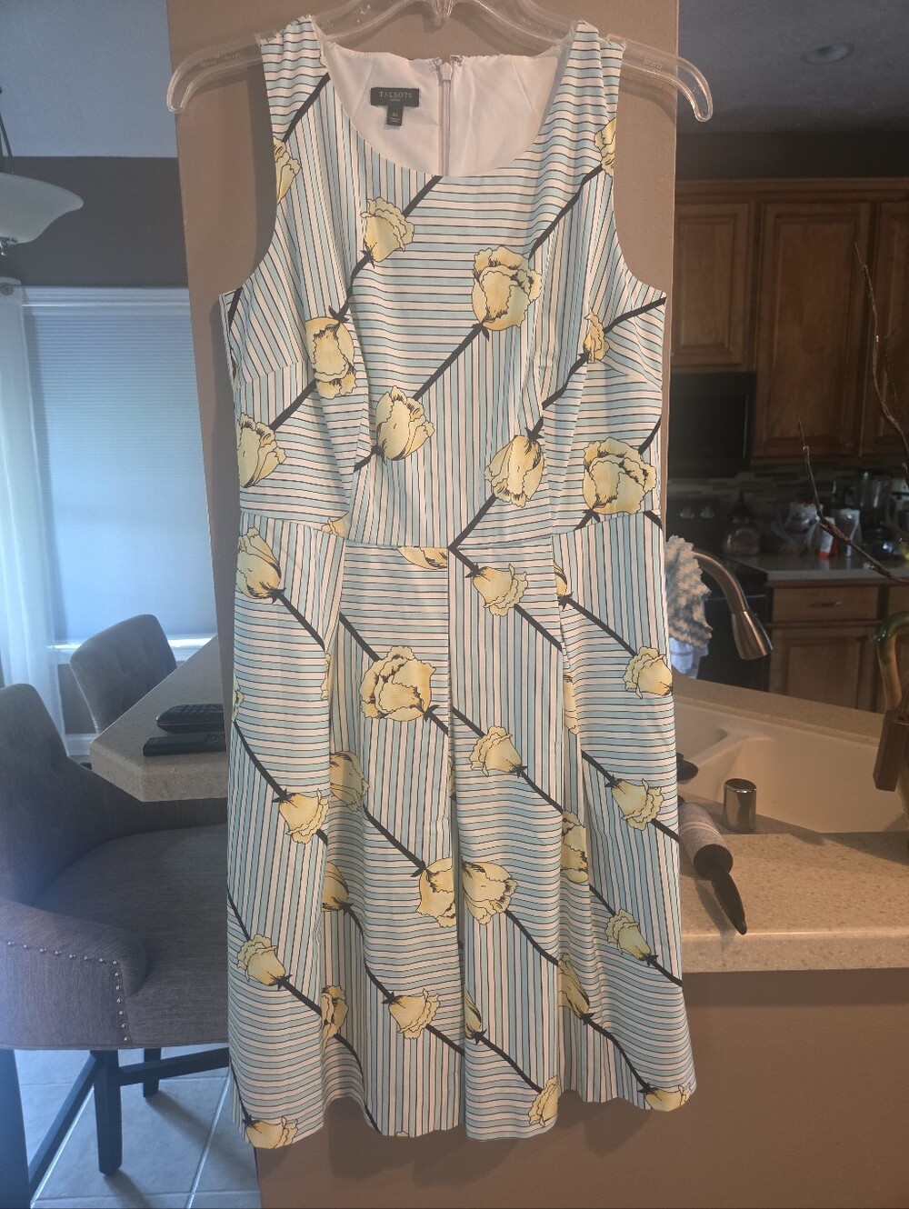 Talbots Yellow Floral Blue-Striped Sleeveless A-Line Dress Size 6P9